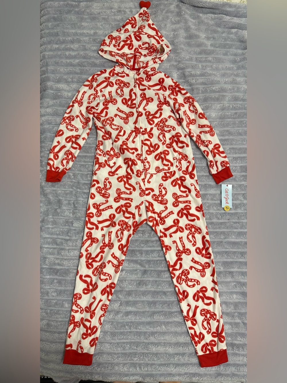 Cat & Jack Red Bow-Print Hooded One-Piece Pajamas